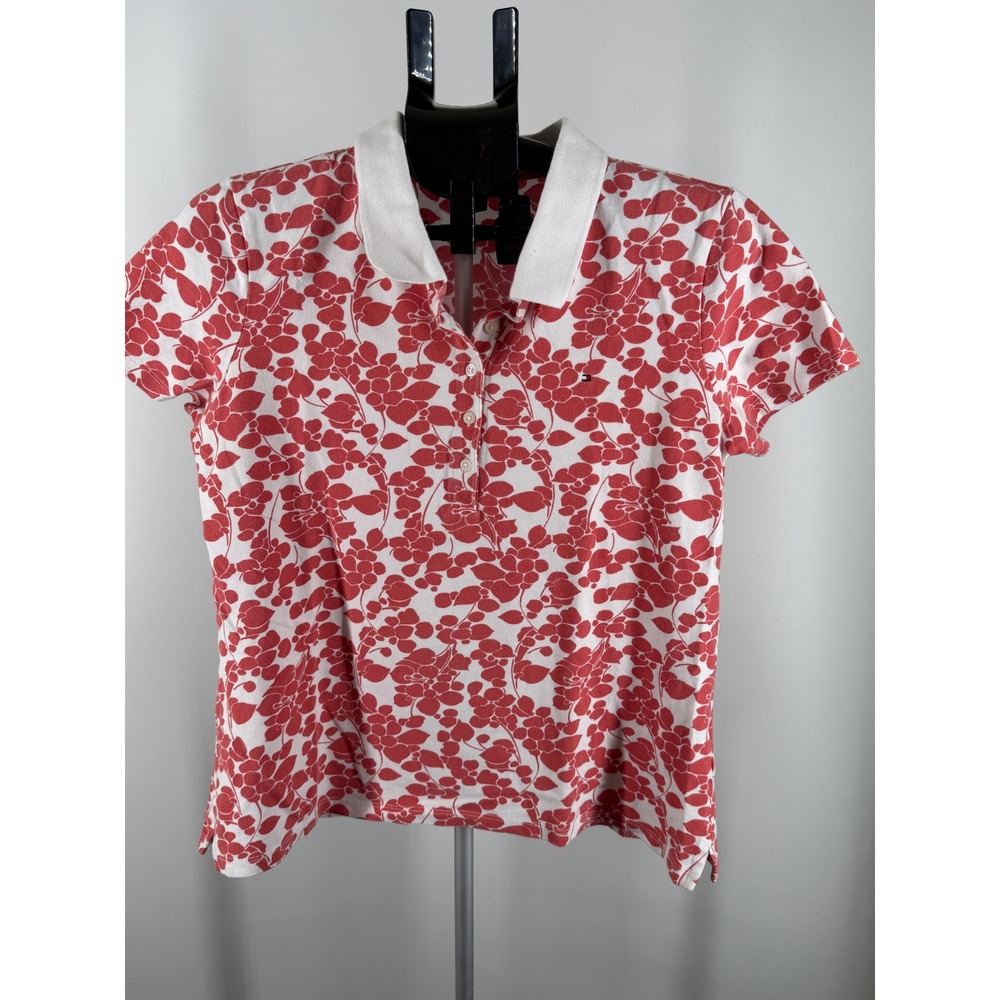 Tommy Hilfiger Womens Red White Floral Leaf Polo Shirt Stretch Cotton Size L
